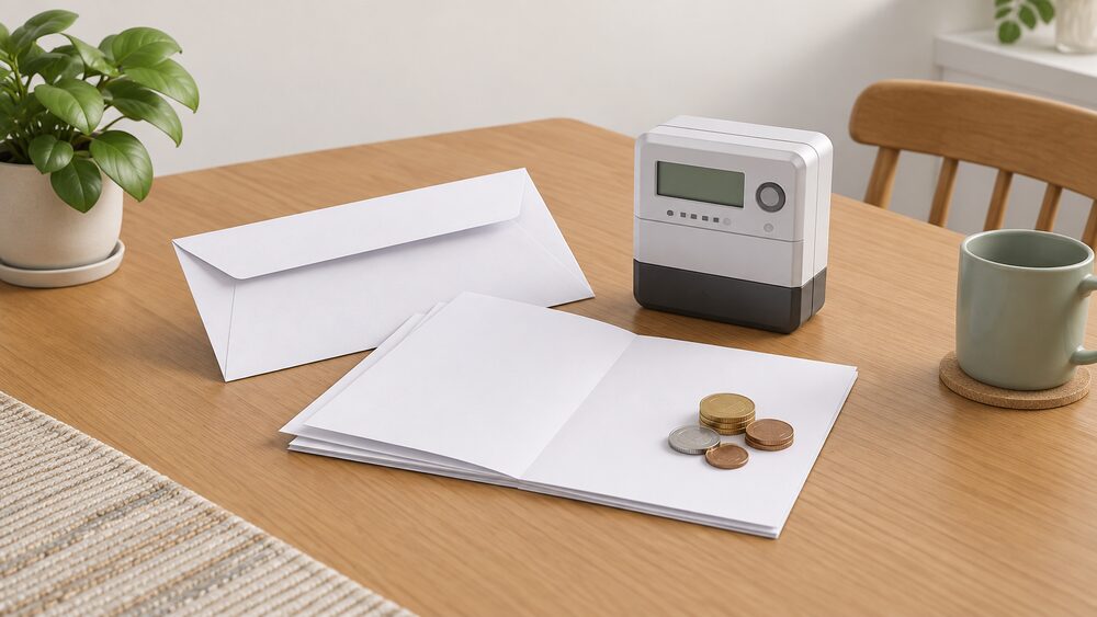 A kitchen table with a blank welcome-pack envelope and blank paperwork lying open, a small domestic electricity meter model standing beside them, and a few coins representing a protected credit balance resting on the papers.