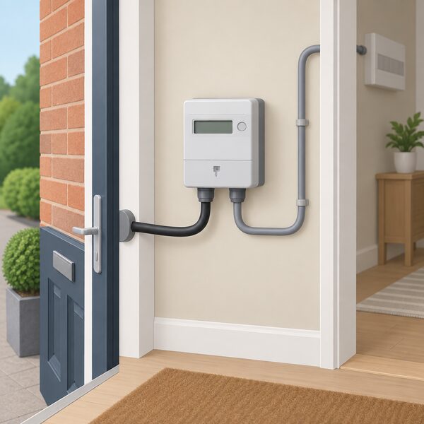A domestic electricity meter mounted on an interior wall near the front entrance of a home, shown in a simple cutaway view with the incoming supply cable entering from outside and a cable running onward into the house, with no person present.