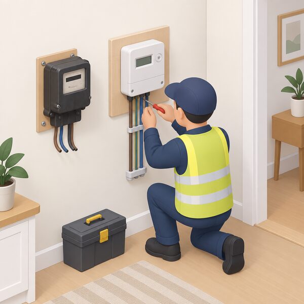 An installer fitting a smart electricity meter onto an indoor wall where an older meter has been removed, with the new meter screwed in place and wiring being connected during an upgrade visit.