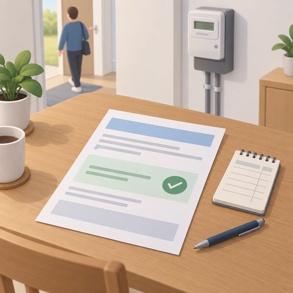 A paper final energy bill lying on a household table, marked as closing the account after a switch, with its content shown only as blank lines and plain colour bands, beside a pen and a simple electricity meter reading record.