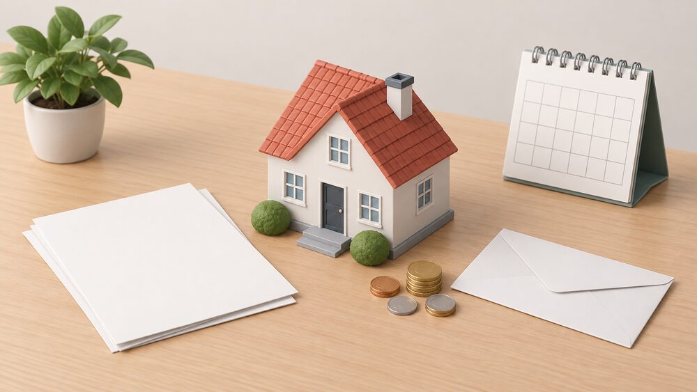 A small model house sits on a table beside a blank envelope and letter, a few coins, and a wall calendar, representing a household whose energy billing changes hands while the supply itself stays untouched.