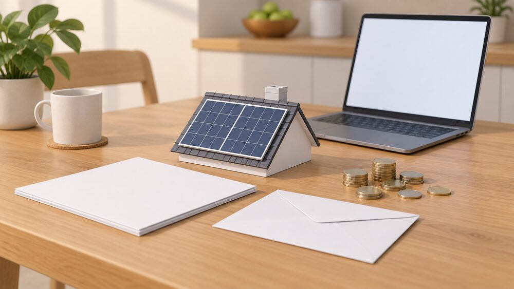 A small rooftop solar panel model stands on a kitchen table beside blank paperwork, a sealed envelope and a scatter of coins, with a laptop showing a blank screen behind them.