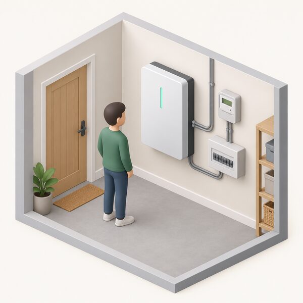 A simplified isometric indoor scene showing a home battery unit mounted on a utility room or hallway wall, connected to the household electricity supply, with a small figure standing beside it, illustrating how a household pairs the battery with a time-of-use tariff to buy cheap-rate electricity overnight for use during the day.