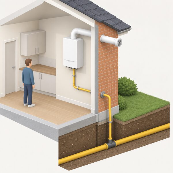 A cutaway view of a home with a wall-mounted gas boiler indoors, its flue passing through the outside wall, and a gas supply pipe running from the boiler back through the wall to the underground gas network pipe outside, showing the same pipe route delivering gas.