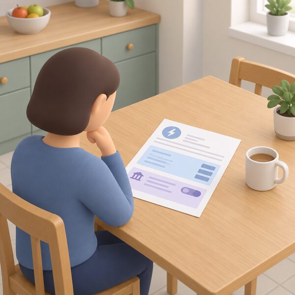 A paper energy bill lying on a kitchen table beside a mug, its surface showing blank lines and plain colour bands where the supplier's quoted costs and a Direct Debit payment method would appear, with a simplified seated figure reading it.