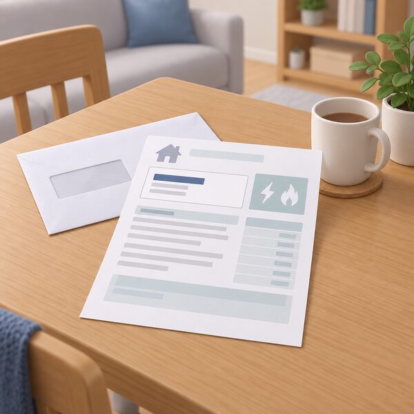 A domestic energy bill lying on a household table, drawn as a physical paper document with the customer's name area shown as a filled name line, beside a plain envelope, showing the bill a customer needs to be named on to qualify for the Warm Home Discount.