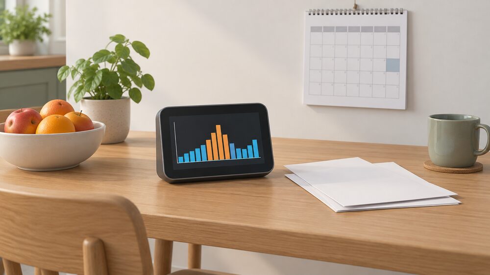 A small in-home display showing a simple usage graph stands on a kitchen table beside blank paperwork and a wall calendar, representing a household reviewing its half-hourly electricity use and the day-ahead rates it has been published.