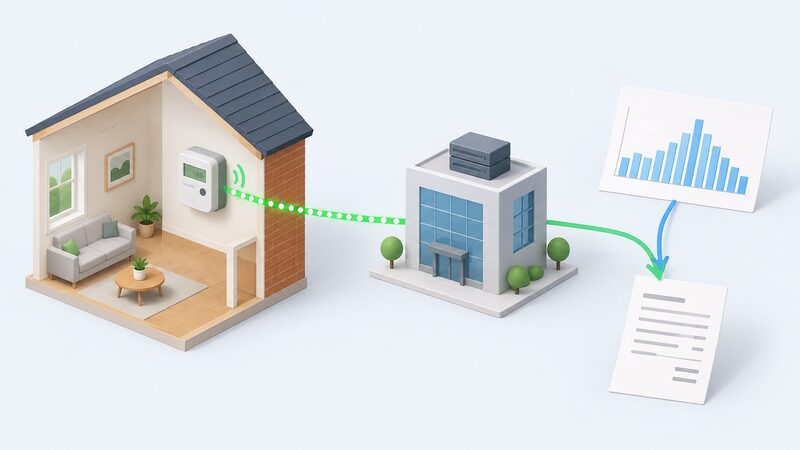 A diagram-style scene showing a wall-mounted smart meter sending half-hourly reading signals along a path to a supplier billing system block, with a separate printed day-ahead price curve sheet whose plain bars line up against the half-hourly consumption records to produce a bill.