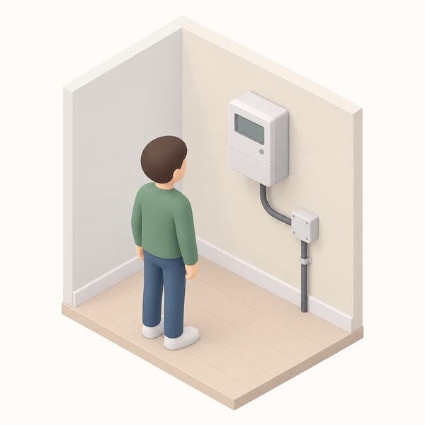A simplified isometric figure stands before a smart electricity meter mounted on an interior wall of a home, the meter shown as a plain box with a small blank screen, connected by a cable to the household electricity supply, illustrating the device that records consumption in half-hour blocks.
