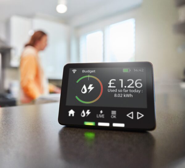 A smart energy monitor in-home display on a kitchen worktop showing £1.26 used so far today, with a blurred person in the background