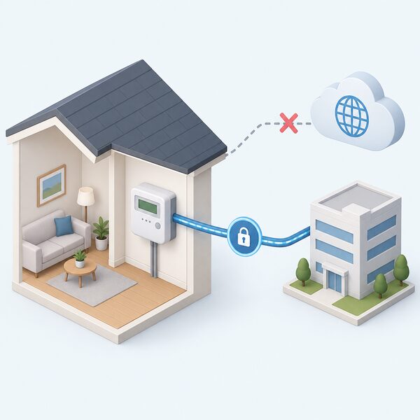 A wall-mounted smart electricity meter inside a home sending readings along a closed dedicated communications path shown as a shielded link to the supplier, separate from and not touching an open internet cloud.