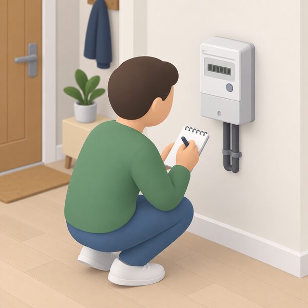 A person crouching in front of a wall-mounted domestic electricity meter, holding a notepad and pen while writing down the reading shown on the meter's display, which has stopped working in smart mode.