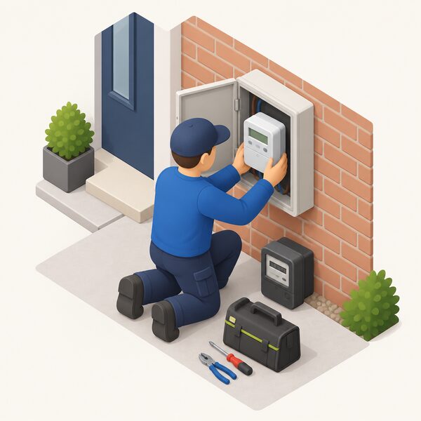 A supplier's engineer in plain work clothing kneels at a home's electricity meter position on an outside wall, swapping the old meter for a new smart meter with the old unit set aside and tools and a work bag beside them, at no charge to the household.