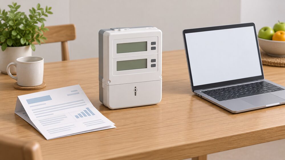 A two-register digital electricity meter standing on a kitchen table beside a folded paper energy bill and a laptop with a blank screen, arranged as the moment a household checks whether it is on a two-rate tariff.