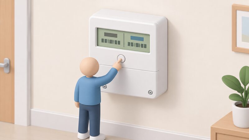 A single white digital Economy 7 electricity meter mounted on an interior wall, its display showing two register readings side by side, one block labelled normal and one labelled low, with a small press button below the display and a simplified isometric figure pressing it to cycle between the two rates.