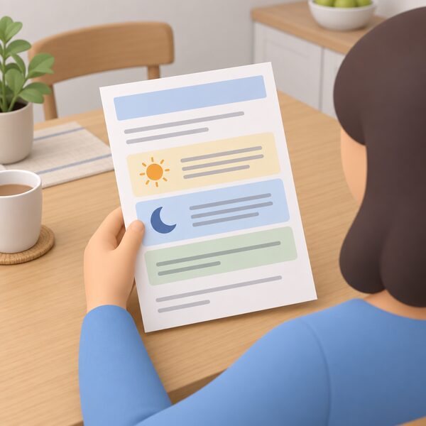 A close-up of a person's hand holding a printed household energy bill at a kitchen table, the sheet showing two separate rate blocks, one for day and one for night, plus a standing charge line, all content rendered as blank lines and plain colour bands with no readable words or figures.
