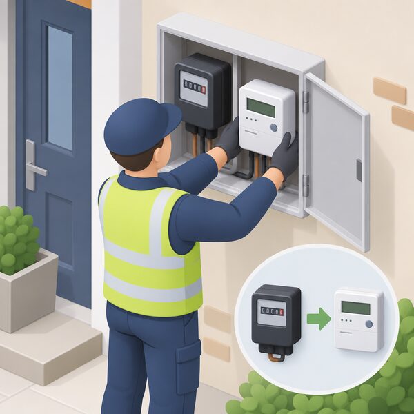 An installer fitting a smart electricity meter inside the meter box of a home, replacing an older meter, with the new digital meter ready to support time-of-use billing.