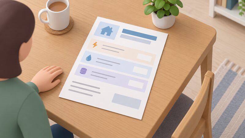 A simplified isometric scene of a home energy bill lying flat on a household table, its front page showing the tariff name, unit rates and standing charge as blank lines and plain colour blocks, with a small figure's hand resting beside it.