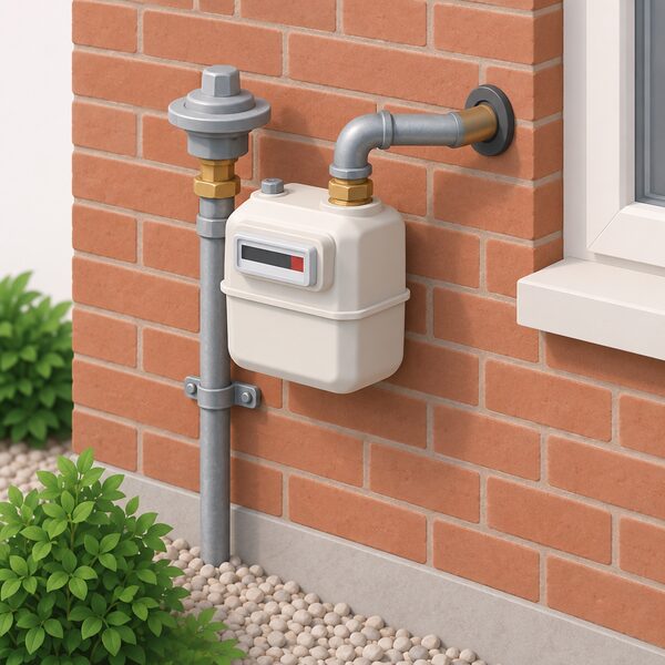 A domestic gas meter mounted on the outside brick wall of a house, with its outlet pipe running into the building, shown as the everyday household equipment behind the gas bill figures discussed in the section.