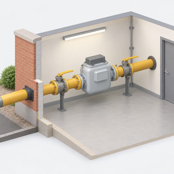 A large commercial gas meter mounted on a wide horizontal supply pipe inside a simple business premises, with the pipe entering through an external wall and continuing onward to serve the building, drawn as a clean cutaway showing the meter body, valves and pipework.