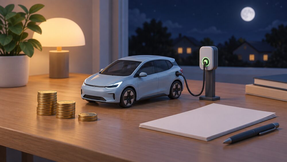 A small model electric car sits on a table beside a wall-mounted home charge point on a short post, with a round clock face showing night, a few coins and blank paperwork arranged around it under a dark night sky.