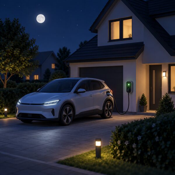 A dark night-time scene of a house exterior with an electric car parked on the driveway, connected by a cable to a wall-mounted chargepoint, with a small indicator light showing it is charging during the cheap overnight window.