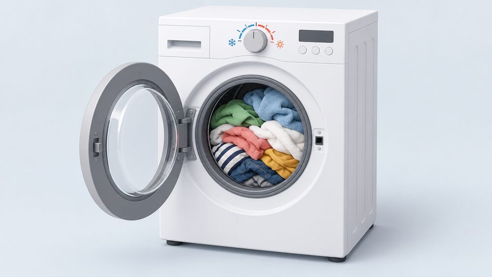 A front-loading washing machine shown close up, its control panel with a wash temperature dial prominent, the round door open to reveal a full drum of laundry, with nothing else in the scene.