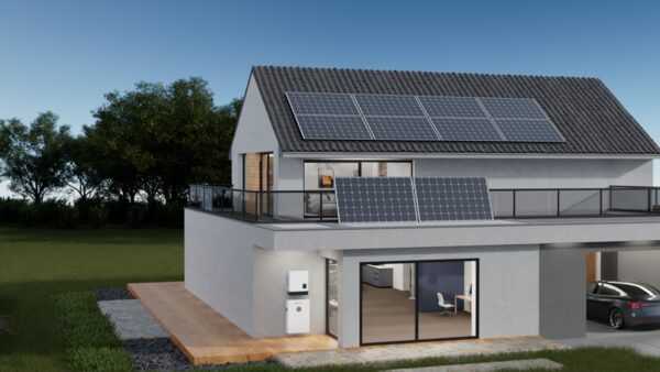 A 3D render of a modern house with solar panels on the roof and a wall-mounted battery unit on the exterior wall