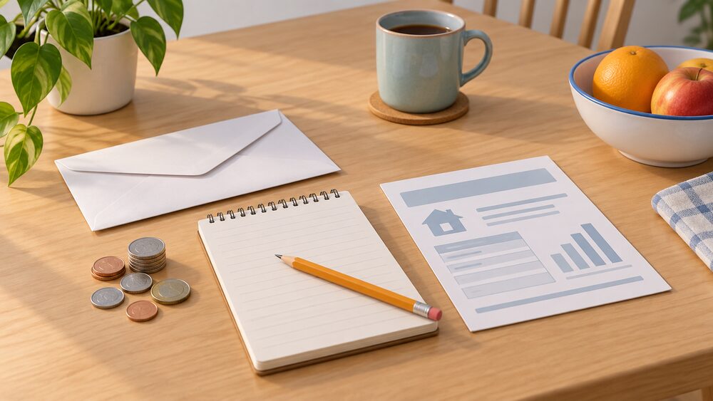 A kitchen table in daylight with a closed envelope lying beside a small stack of coins, a blank notepad with a pencil resting on it, and a domestic electricity meter reading card, suggesting a household sorting out its energy account after a change of supplier.