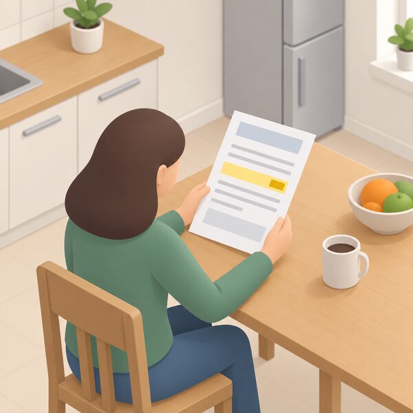A paper energy bill lying on a kitchen table, held by a simplified figure, with a highlighted band marking the fixed contract end date among otherwise blank lines and blocks.