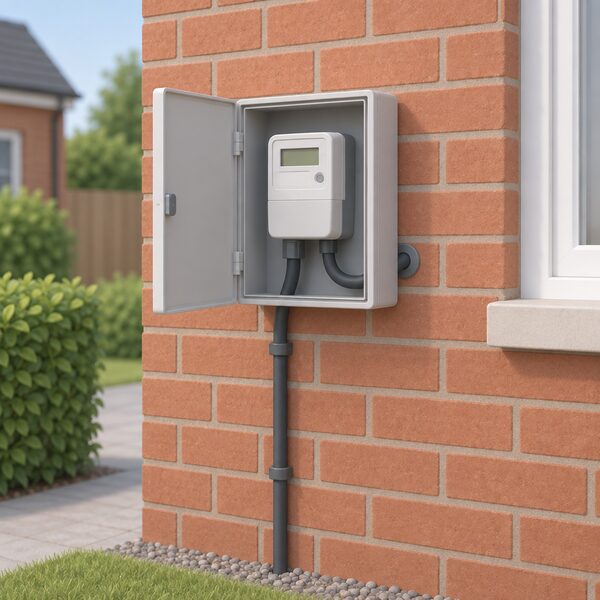 An electricity meter box mounted on the outside brick wall of a house, with the incoming supply cable rising from the ground to it and a cable continuing from the meter into the wall, drawn to show the physical connection intact.