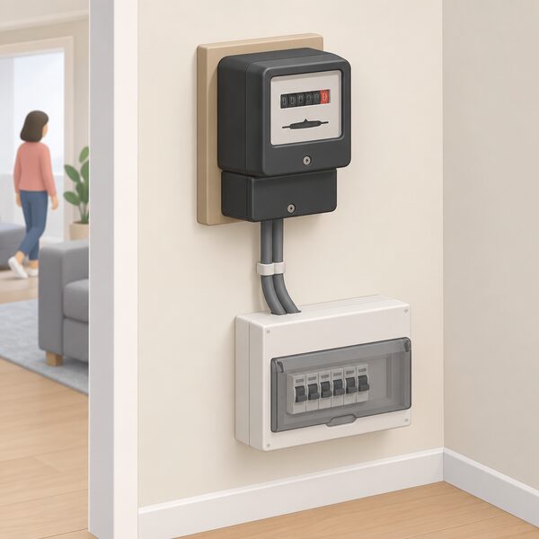 A traditional domestic electricity meter mounted on an interior wall of a home, shown in a simple cutaway view with its cable running down into the household consumer unit, drawn plainly so the meter itself is the focus.