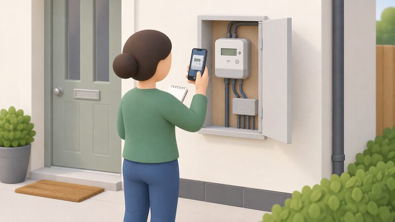 A simplified householder standing beside the electricity meter, which is mounted on an external wall or in a hallway cupboard, holding a phone up to photograph the meter display while noting the reading, with the meter's incoming supply cable and outgoing consumer unit connection shown.