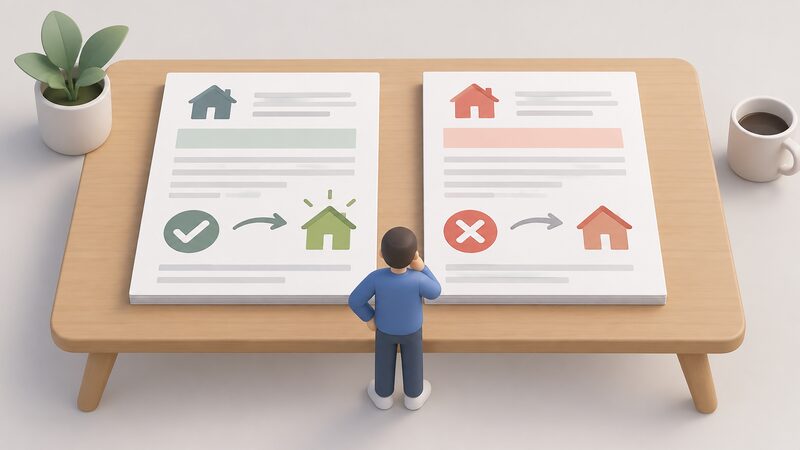 A split comparison scene showing two household energy account documents side by side on a table, one marked as a completed switch transferring to the new supplier's successor and one as an unfinished switch staying with the old supplier's successor, with a small figure looking between them.