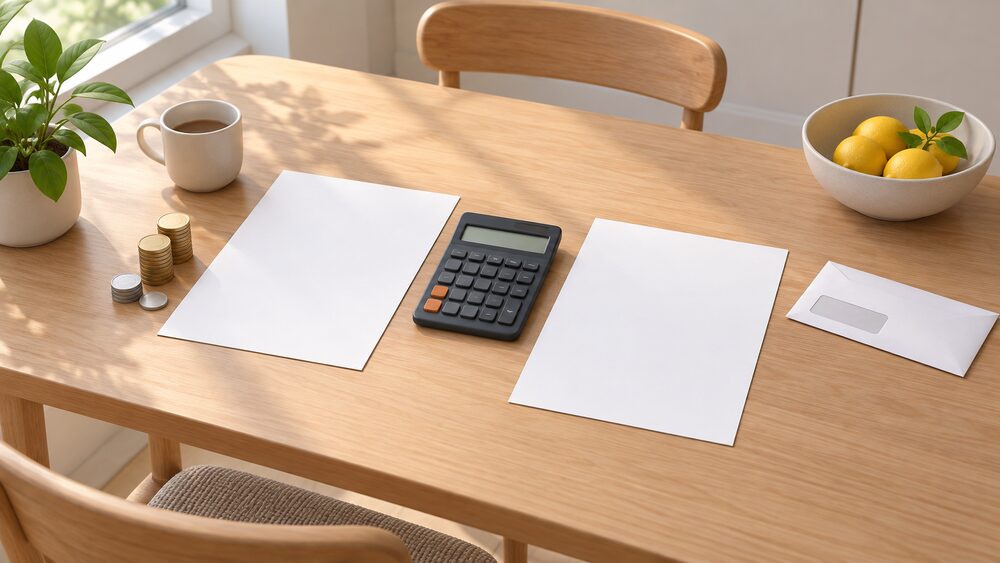 A kitchen table seen from above with two blank comparison documents side by side, a calculator resting between them, a small stack of coins beside one sheet and a plain windowed envelope beside the other, all lit by soft daylight from a nearby window.