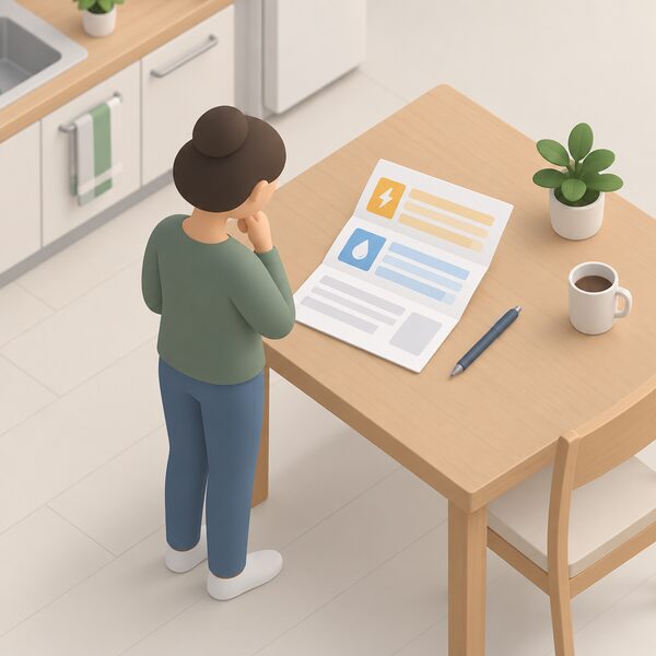 A folded annual energy bill lying on a kitchen table beside a pen, its paper showing plain colour bands and blank lines where the household's own electricity and gas kWh figures would appear, with a simplified isometric figure standing nearby reading it.