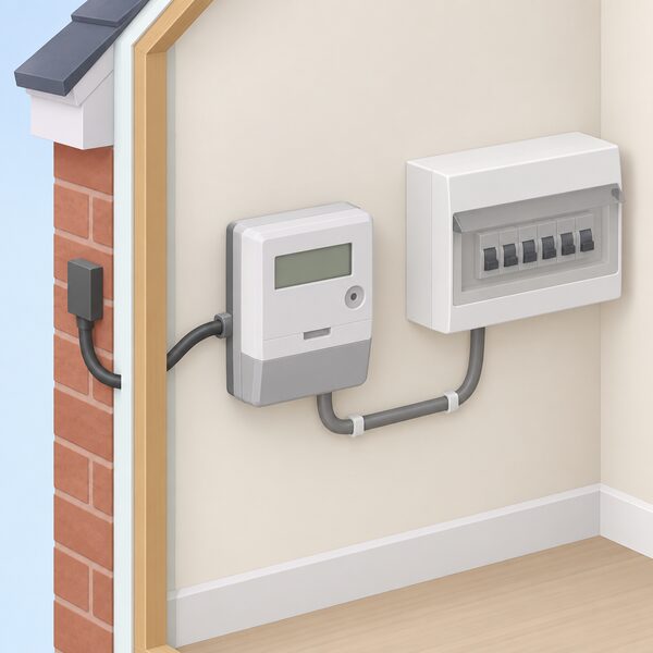 A domestic electricity meter mounted on an interior wall of a home, with a cable entering from outside and another running to the consumer unit, its display shown as a plain blank panel with no readable figures.