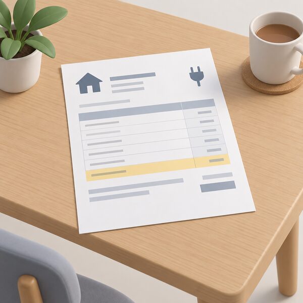 A domestic electricity bill lying flat on a household table, drawn as a physical paper document with its itemised lines shown as blank ruled entries and the VAT line highlighted as a plain colour band, with no readable words or figures anywhere on it.