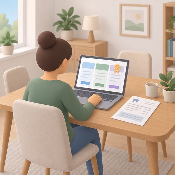 A householder sits at a table at home comparing energy tariffs on a laptop, the screen showing a simple comparison page with plain tariff blocks and an accreditation mark shown as a plain badge, with a paper energy bill beside them for reference.