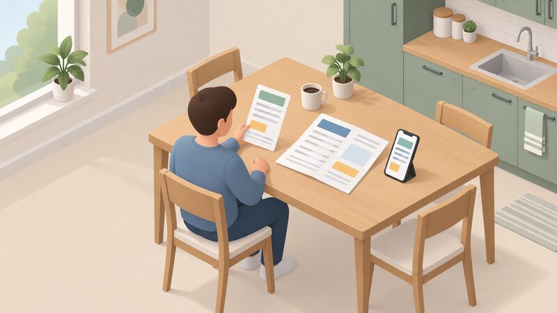 A householder at a kitchen table reading a printed Tariff Information Label held in one hand, with a paper energy bill lying open beside it and a phone propped up showing a supplier app screen, all three documents showing the same figures as blank lines and plain colour blocks.