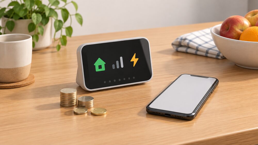 A smart meter display unit standing on a kitchen table beside a mobile phone lying face up with a blank screen and a small stack of coins, arranged as the moment a household receives an event notification and weighs the reward.