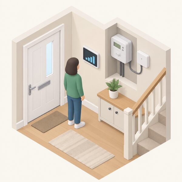 A small isometric figure stands in a home hallway looking at a smart meter display unit mounted on the wall, its screen showing a simple bar of the household's electricity use, with the electricity meter and a small wall-mounted communications hub nearby.