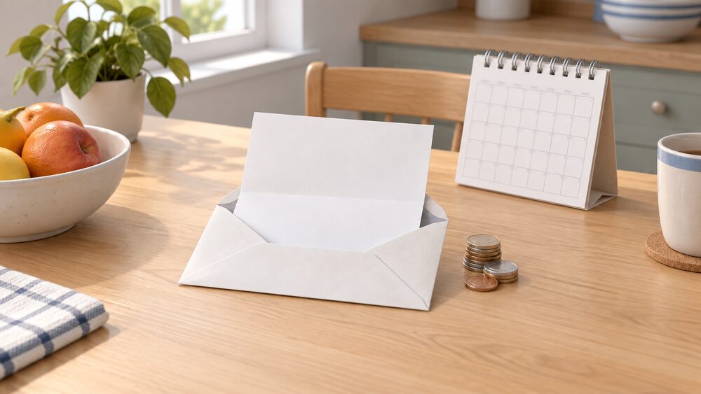 A single folded blank bill in an opened envelope lies at the centre of a kitchen table, with a small stack of coins beside it and a paper calendar behind, suggesting one combined household energy statement covering both gas and electricity.