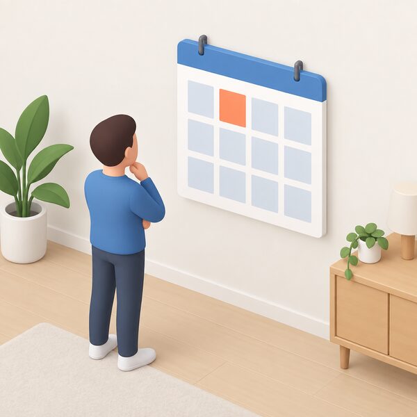 A wall calendar hanging on a plain home wall, its twelve month grid shown as blank blocks with one month highlighted, beside a small isometric figure of a homeowner pausing to look at it, representing the usual twelve month length of a fixed rate tariff.