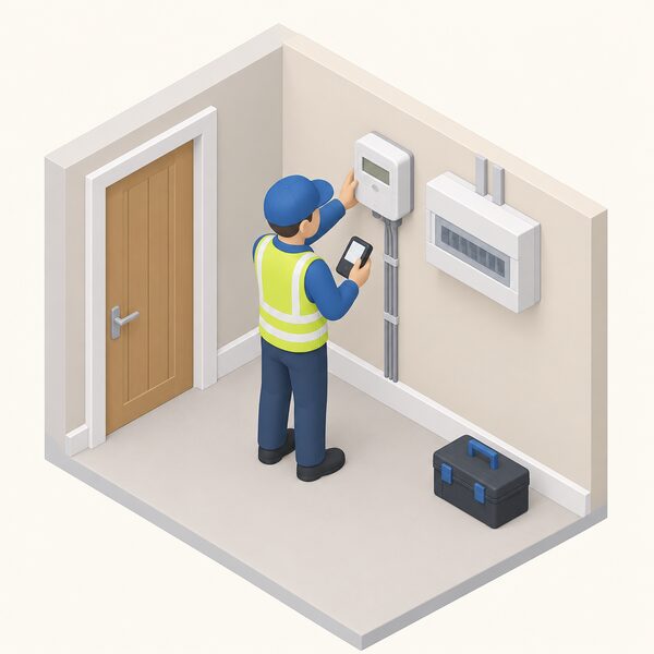 A simplified isometric installer figure fits a smart electricity meter into a consumer unit-adjacent position on an inside wall of a home, near the incoming electricity supply, with a small handheld device in hand and the meter's screen shown as a plain blank display.