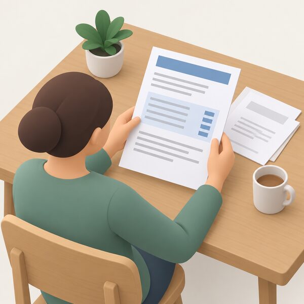 A close-up of a householder's hands at a kitchen table holding printed energy contract papers, reading the tariff details on the page rather than recalling them from memory, with the document's content shown only as blank lines and plain blocks.