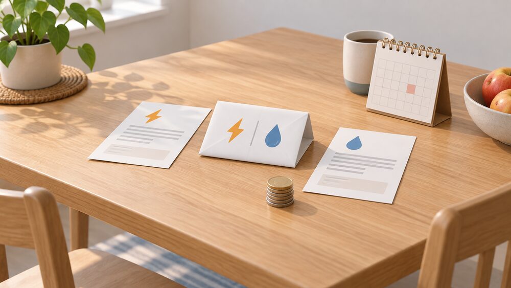 A kitchen table in daylight with a single folded energy bill lying centrally beside two separate bills, a small stack of coins, and a wall calendar propped against a mug, showing the choice between one combined bill and two separate ones.