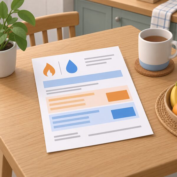 A paper dual fuel energy bill lying on a kitchen table in a home, drawn as a physical document with blank lines and plain colour bands standing for the annual amount and cost breakdown, with no readable figures.