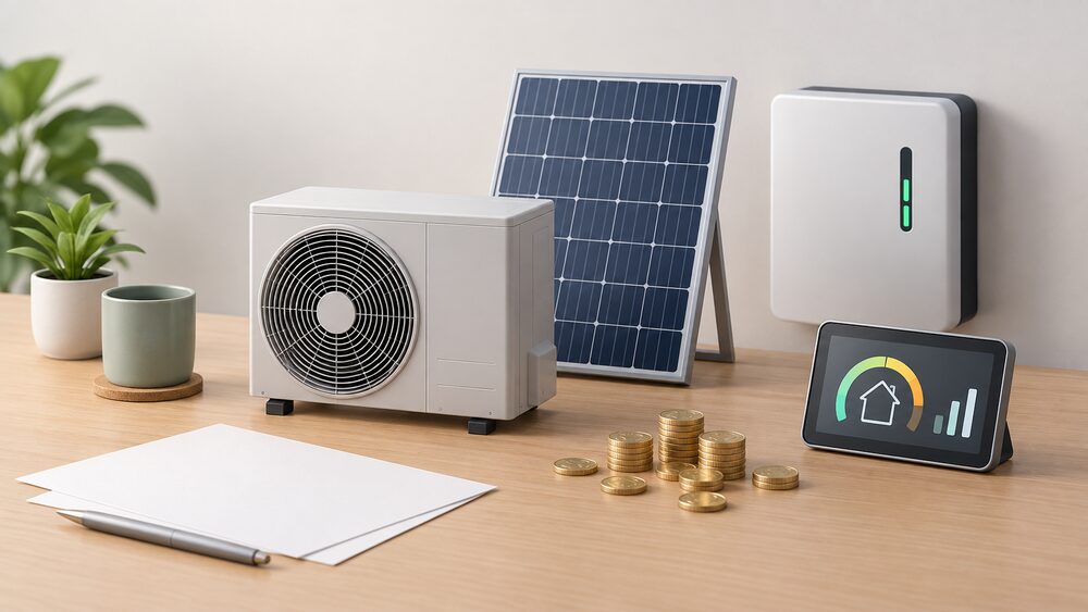 A small model of an air source heat pump fan unit stands on a table beside a small solar panel and a wall-mounted battery model, with blank paperwork, a smart meter display and a scatter of coins suggesting tariff savings.