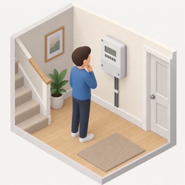 A domestic electricity meter mounted on an inside wall of a home, shown as a plain metering panel with blank display blocks, with a simplified isometric figure standing beside it looking at the meter, representing the household metering behind the price cap comparison.